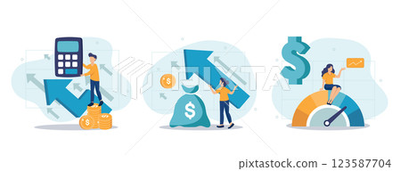 Cost optimization concept set. Idea of financial and marketing strategy. Cost and income balance. Spending and cost reduction, while maximizing business value. Isolated flat illustration vector 123587704