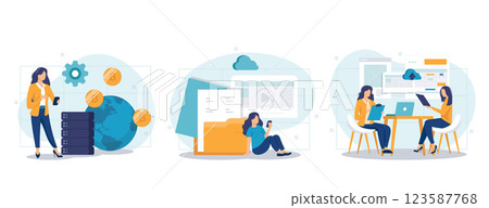 Business applications abstract concept vector illustration set. Packaged software, FinTech technology, system software development, payment processing, database system integration abstract metaphor. 123587768