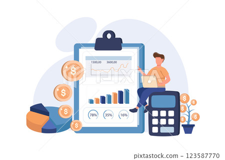 Business accounting, profit growth, calculation. Data analysis, analytics and statistics. Accountant, bookkeeper with laptop cartoon character. Vector illustration	 123587770