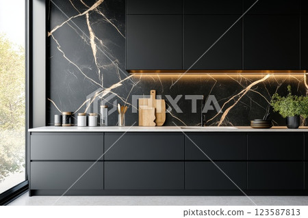 Close view on kitchen room interior with dark wall. 123587813