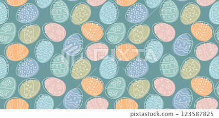 Festive Easter seamless pattern. Seamless background with decorative eggs. Cute spring pattern for fabric, wallpaper, gift wrap, banners, cards Festive Easter seamless pattern. Seamless background with decorative eggs. Cute spring pattern for fabric, wallpaper, gift wrap, banners, cards 123587825
