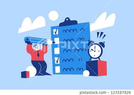 Check list. Task plan. Survey or checklist. Business man write in document. Tiny person holding big pencil. Goal success complete. Deadline clock. Efficient businessman. Vector concept Check list. Task plan. Survey or checklist. Business man write in document. Tiny person holding big pencil. Goal success complete. Deadline clock. Efficient businessman. Vector concept 123587826