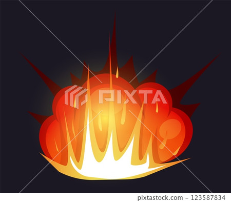 Explosion. Fire, red blaze, explode weapon. Comic atomic damage military attack. Dynamite destroy. Bright inferno detonate. Fireball burning. Cartoon flat isolated vector bomb illustration 123587834