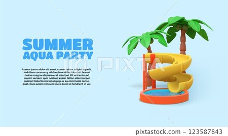 3D water slide. Amusement park. Swimming pool with render waterslide pipe and tropical palms. Summer aqua party. Tube attraction. Children waterpark playground. Vector cartoon banner 123587843