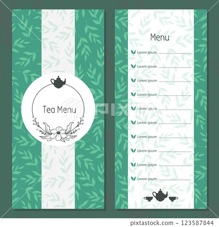 Tea menu. Cover elegant flourish design. Teapot silhouette. Green leaves pattern on background. Cozy decorative vertical poster. Shop document template. Hot drinks. Vector isolated illustration 123587844