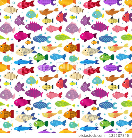 Doodle fish seamless pattern. Childish marine background. Underwater characters. Oceanarium fauna. Decor textile, wrapping paper, wallpaper. Print for fabric. Cartoon flat isolated illustration 123587846