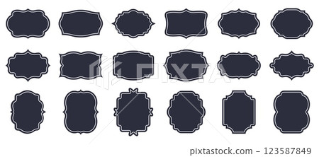 Label badge. Shield frame border, elegant royal luxury crest emblem or stamp. Winning crown silhouettes. Black isolated elements for elegant graphic design. Stickers vector collection Label badge. Shield frame border, elegant royal luxury crest emblem or stamp. Winning crown silhouettes. Black isolated elements for elegant graphic design. Stickers vector collection 123587849
