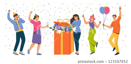 Birthday people. Happy anniversary gift with balloon, confetti. Holiday surprise, woman and man with huge present, team celebration. Vector characters cartoon flat isolated illustration set 123587852