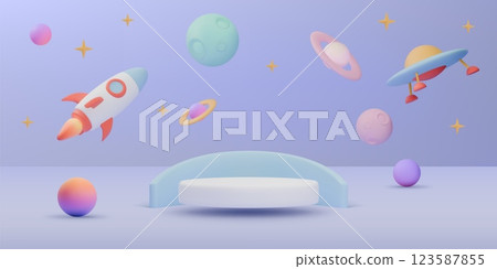 3D toy podium. Blue product space render. Pastel display or science stage. Presentation stand. UFO pedestal area. Childish studio. Galaxy planet. Spaceship rocket. Vector background 123587855