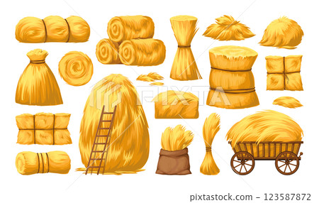 Wheat hay. Haystack isolated set, straw pile or bale field stack, thatch farm cart. Wooden wagon, wheelbarrow and grass. Countryside livestock. Vector cartoon flat bundle isolated illustration Wheat hay. Haystack isolated set, straw pile or bale field stack, thatch farm cart. Wooden wagon, wheelbarrow and grass. Countryside livestock. Vector cartoon flat bundle isolated illustration 123587872