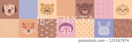 Animal pattern. Cute baby face, forest graphic print with hedgehog and tiger cat, trendy funny wild seal. Bear, exotic sloth and rabbit. Wrapping, wallpaper. Fabric print. Vector background Animal pattern. Cute baby face, forest graphic print with hedgehog and tiger cat, trendy funny wild seal. Bear, exotic sloth and rabbit. Wrapping, wallpaper. Fabric print. Vector background 123587874