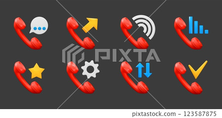 3D phone. Call receiver icon. Telephone hotline. Cellular communication. Internet helpdesk. Assistant contact. Voice conference. Outgoing and incoming. Vector render cellphone symbols set 3D phone. Call receiver icon. Telephone hotline. Cellular communication. Internet helpdesk. Assistant contact. Voice conference. Outgoing and incoming. Vector render cellphone symbols set 123587875