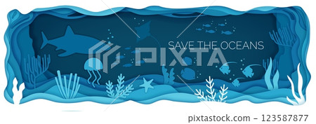 Sea fish. Ocean paper cut. Underwater animals. Undersea fauna. Aquarium seaweed. Swimming shark and stingray. 3D papercut layers for save water day. Vector seascape origami background Sea fish. Ocean paper cut. Underwater animals. Undersea fauna. Aquarium seaweed. Swimming shark and stingray. 3D papercut layers for save water day. Vector seascape origami background 123587877