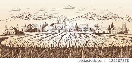 Wheat field. Farm landscape. Barley grain plantation. Village harvest for bakery. Farmer engraving scenery. Country windmill. Ranch panorama. Rural houses. Line sketch. Vector background Wheat field. Farm landscape. Barley grain plantation. Village harvest for bakery. Farmer engraving scenery. Country windmill. Ranch panorama. Rural houses. Line sketch. Vector background 123587878