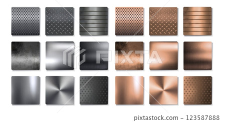 Metal plaque. Stainless steel frame. Screw or radial plate. Aluminium honeycomb. Metallic texture. Silver or bronze. Perforated and scratched iron. Glossy foil. Vector backgrounds set 123587888