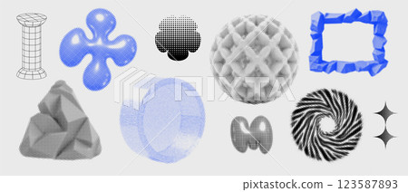 Geometry wireframe shapes and grids set. 3D abstract cyberpunk elements, frames in trendy psychedelic rave style. 00s Y2k retro futuristic aesthetic. Vector Geometry wireframe shapes and grids set. 3D abstract cyberpunk elements, frames in trendy psychedelic rave style. 00s Y2k retro futuristic aesthetic. Vector 123587893