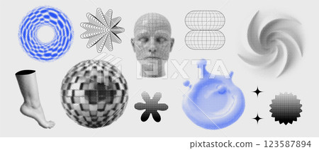 Wireframe 3D geometric shapes set , fi holograms, futuristic mechanisms, engine blueprint, retrofuturistic forms in perspective, frontal view. 3D halftone cyberpunk elements. Vector y2k set Wireframe 3D geometric shapes set , fi holograms, futuristic mechanisms, engine blueprint, retrofuturistic forms in perspective, frontal view. 3D halftone cyberpunk elements. Vector y2k set 123587894