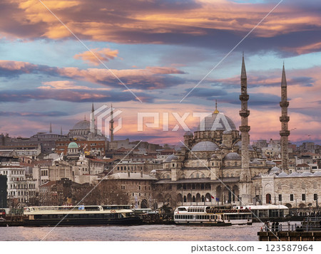 Beautiful Istanbul Cityscape at Sunset Featuring a Historic Mosque and Vibrant Architecture Beautiful Istanbul Cityscape at Sunset Featuring a Historic Mosque and Vibrant Architecture 123587964