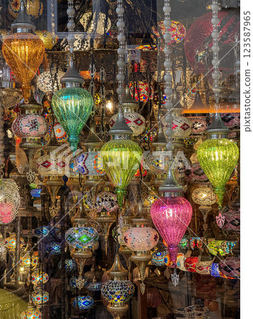 Colorful Traditional Turkish Mosaic Lamps in a Displayed Arrangement Colorful Traditional Turkish Mosaic Lamps in a Displayed Arrangement 123587965