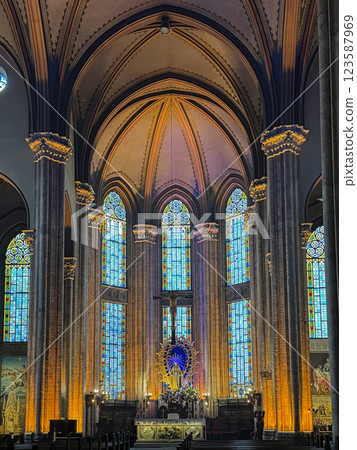 Interior of Church of Saint Anthony of Padua with Stained Glass Windows and Religious Decor, Istanbul, Turkey Interior of Church of Saint Anthony of Padua with Stained Glass Windows and Religious Decor, Istanbul, Turkey 123587969