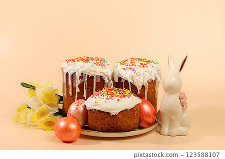 Happy Easter concept.Abstract Easter composition,background.Holiday card with traditional Russian kulich with meringue and decorated with colorful marble eggs.Preparation for the holiday Happy Easter concept.Abstract Easter composition,background.Holiday card with traditional Russian kulich with meringue and decorated with colorful marble eggs.Preparation for the holiday 123588107