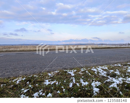 A serene rural road runs through fields under a bright blue sky tinged with purple. The spring road through the field. Early spring, green grass under the snow along the road. 123588148
