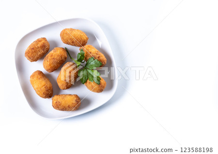 Fried cod croquettes isolated on white background 123588198