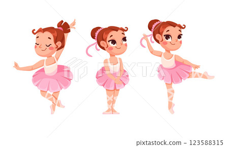 Cute Girl Ballerina in Tutu Skirt and Pointe Shoes Dancing Ballet Vector Set 123588315