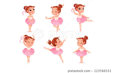Cute Girl Ballerina in Tutu Skirt and Pointe Shoes Dancing Ballet Vector Set 123588331