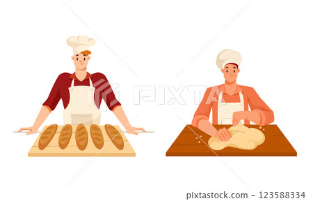 Man Bread Bakers in Uniform and Toque Baking Pastry Vector Set Man Bread Bakers in Uniform and Toque Baking Pastry Vector Set 123588334