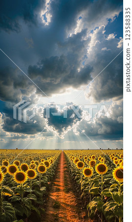 Heart of clouds over a field of sunflowers. Beautiful landscape of nature. A field of sunflowers above which is an expressive cloudy sky with a silhouette in the shape of a heart. Heart of clouds over a field of sunflowers. Beautiful landscape of nature. A field of sunflowers above which is an expressive cloudy sky with a silhouette in the shape of a heart. 123588335