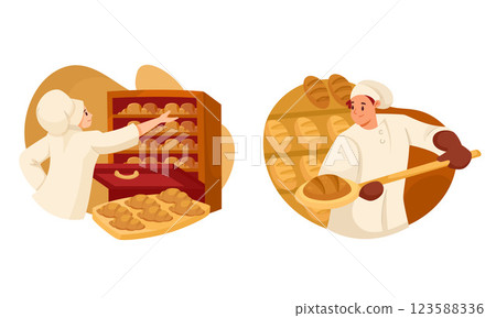 Man Bread Bakers in Uniform and Toque Baking Pastry Vector Set 123588336