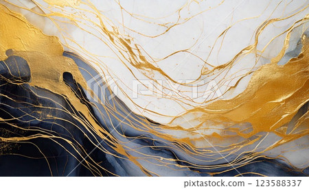Elegant abstract design of modern Japanese suminagashi art and gold leaf 123588337