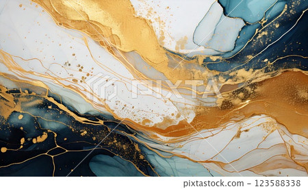 Elegant abstract design of modern Japanese suminagashi art and gold leaf Elegant abstract design of modern Japanese suminagashi art and gold leaf 123588338