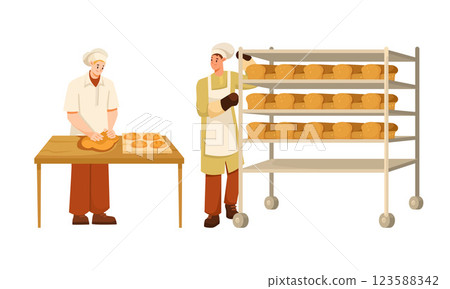 Man Bread Bakers in Uniform and Toque Baking Pastry Vector Set 123588342