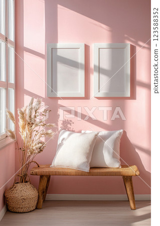 blank frame mockup on pink wall background. Copy space 123588352