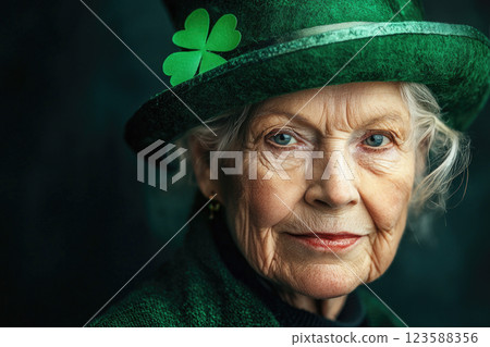 Portrait of a senior woman in leprechaun hat on green background for a Saint Patrick's Day Portrait of a senior woman in leprechaun hat on green background for a Saint Patrick's Day 123588356