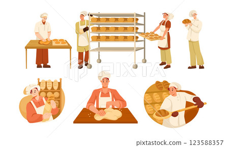 Man Bread Bakers in Uniform and Toque Baking Pastry Vector Set Man Bread Bakers in Uniform and Toque Baking Pastry Vector Set 123588357