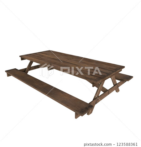 Rustic wooden picnic table in 3D rendering with simple design 123588361
