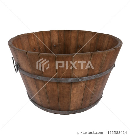 Wooden barrel with metal bands used for storage or decoration Wooden barrel with metal bands used for storage or decoration 123588414