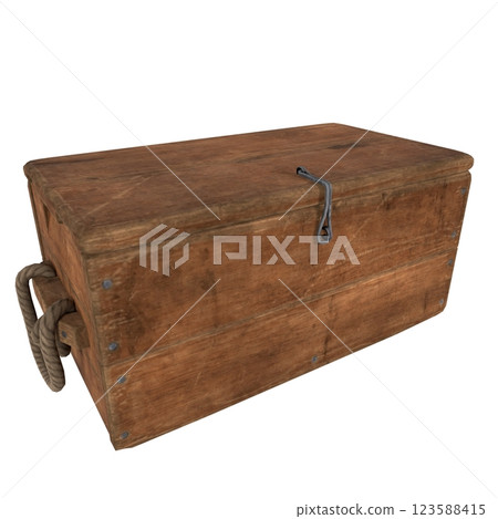 Realistic wooden chest with rope handles and latch design 123588415