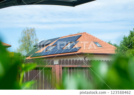 House roof with photovoltaic modules. Historic farm house with modern solar panels on roof and wall High quality photo 123588462