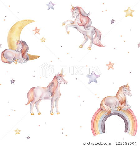 Seamless watercolor pattern with Unicorn and multicolored stars. Hand drawn Illustrations of background for nursery wallpaper, baby textiles or children paper. Pastel colors pony with rainbow and moon Seamless watercolor pattern with Unicorn and multicolored stars. Hand drawn Illustrations of background for nursery wallpaper, baby textiles or children paper. Pastel colors pony with rainbow and moon 123588504