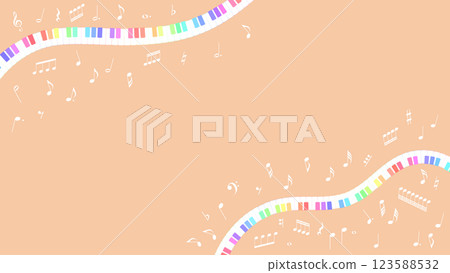Rainbow colored piano keys and notes on orange background 16:9 123588532