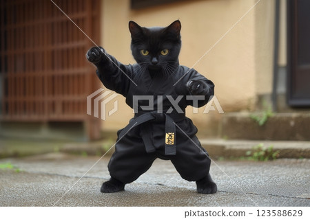 Black cat performing martial arts in a dojo Black cat performing martial arts in a dojo 123588629