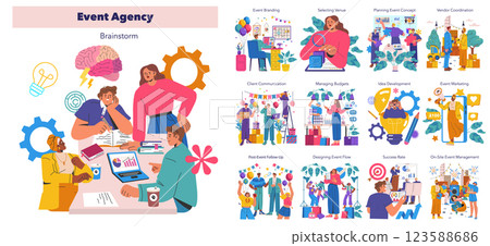 Event agency activities showcased in a creative brainstorming session, featuring planning, client interaction, budgeting, and event marketing concepts. Ideal for understanding event management 123588686