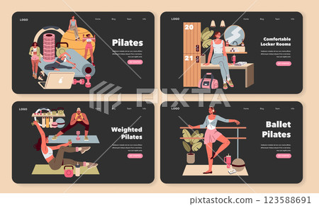 Pilates illustration set. Showcases various Pilates practices including traditional techniques, weighted workouts, and ballet-inspired movements. Designed for fitness enthusiasts seeking diverse 123588691