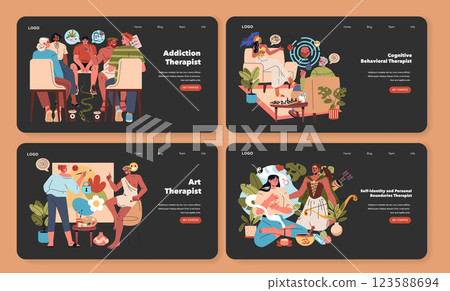 Illustration set about various therapy practices showing addiction counseling, cognitive behavioral therapy, art therapy, and personal boundaries therapy. Each scene captures the essence of supportive 123588694