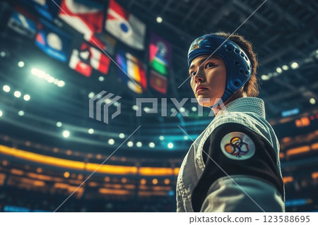 Taekwondo athlete wearing head guard and traditional uniform in arena 123588695