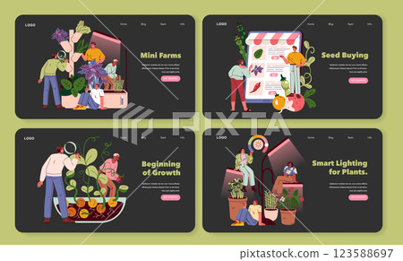 Mini Farms concept. A representation of modern mini farms focusing on seed buying, growth processes, and smart lighting for plants. Perfect for promoting sustainable urban gardening ideas. Vector 123588697